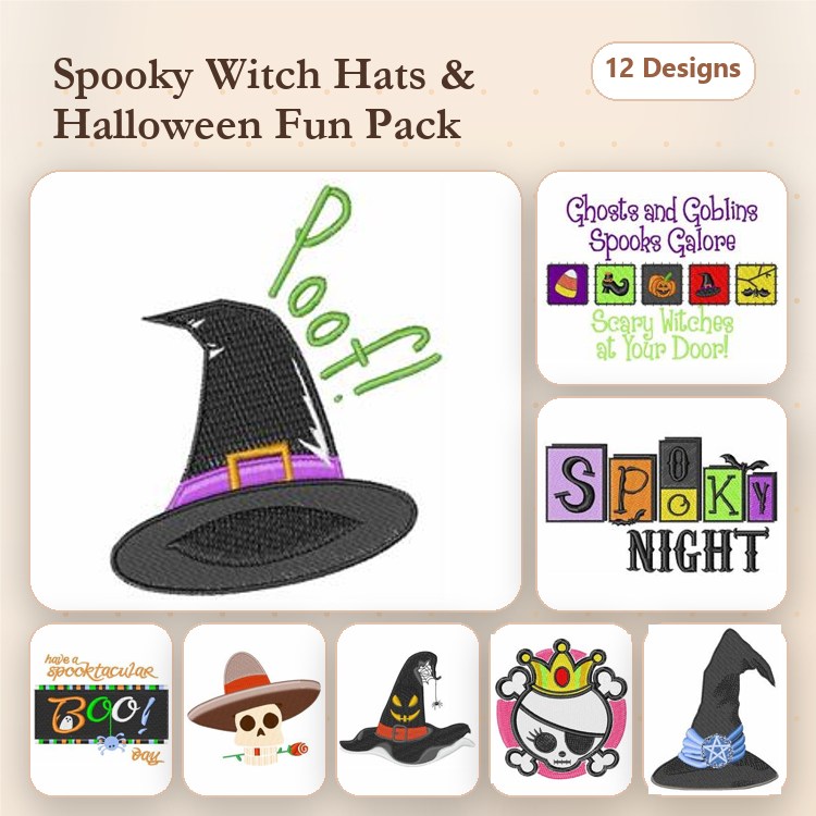 Halloween Embroidery Designs Bundle – Witch Hats, Ghosts, Pumpkins & More (12 Designs)