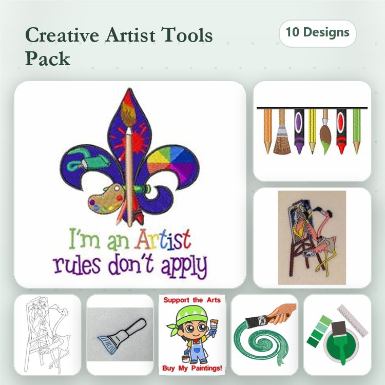 Artistic Tools & Themes Embroidery Designs Bundle – Fleur-de-lis with Paint Splatters, Artist Palette with Brushes, & More (10 Designs)