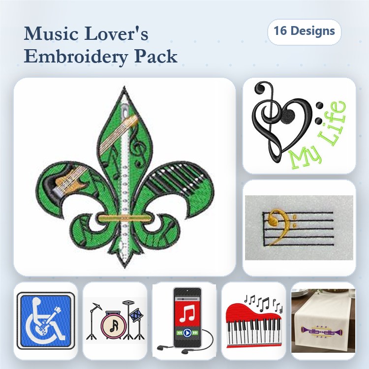 Music-themed Embroidery Designs Bundle – Fleur-de-lis with Guitar, Musical Note Heart, Music Staff & More (16 Designs)