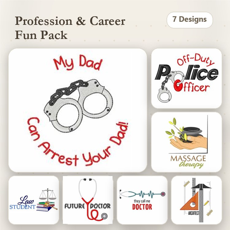 Profession & Career Embroidery Designs Bundle – Police Handcuffs, Massage Therapy Icon, Future Doctor Heart & More (7 Designs)