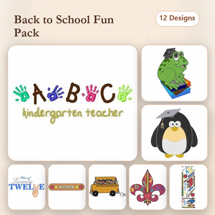 School-themed Embroidery Designs Bundle – ABC Hands, Frog Graduation, Penguin with Graduation Cap & More (12 Designs)