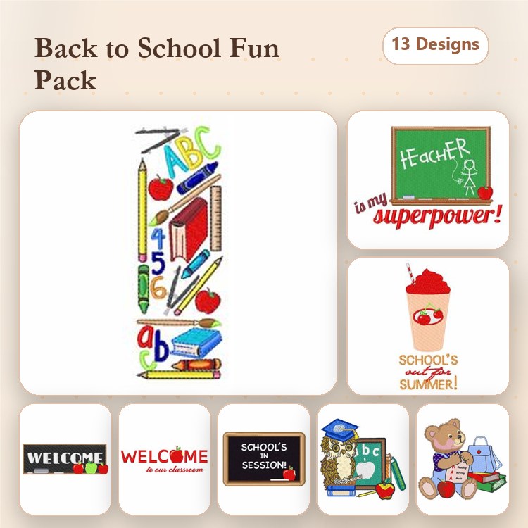Back to School Embroidery Designs Bundle – ABC with School Supplies, Teacher Superpower, School Bus & More (13 Designs)