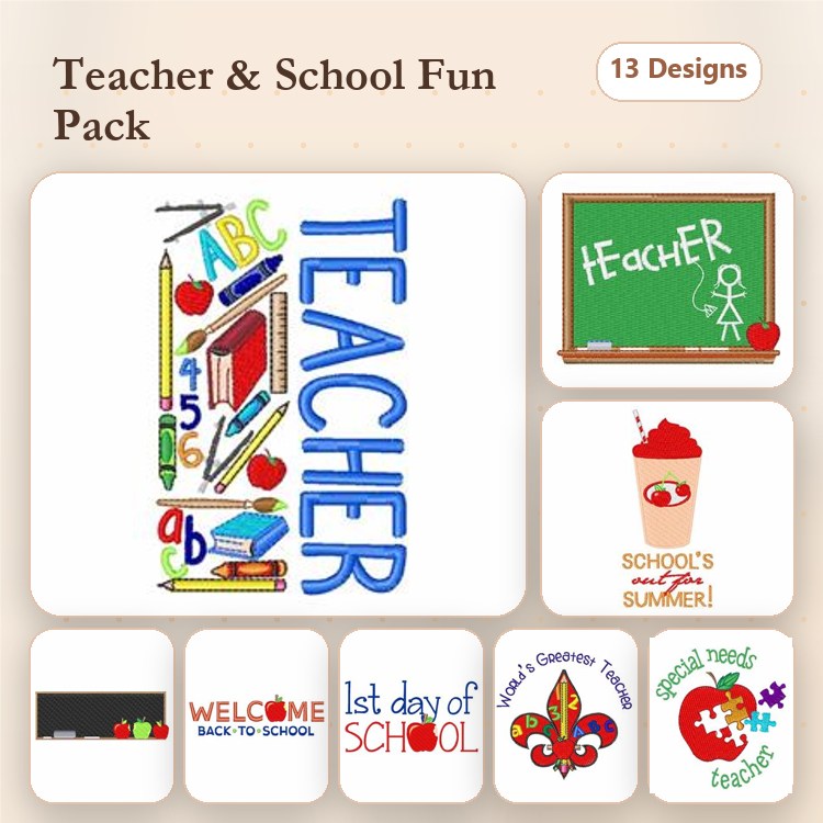Teaching & School Supplies Embroidery Designs Bundle – Teacher's Apple, Chalkboard, Welcome Back to School & More (13 Designs)