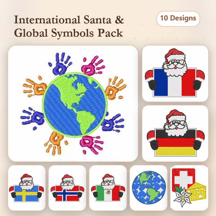 Santa Claus & Global Symbols Embroidery Designs Bundle – Santa with Globe, Earth with Handprints, Switzerland Flag with Santa & More (10 Designs)
