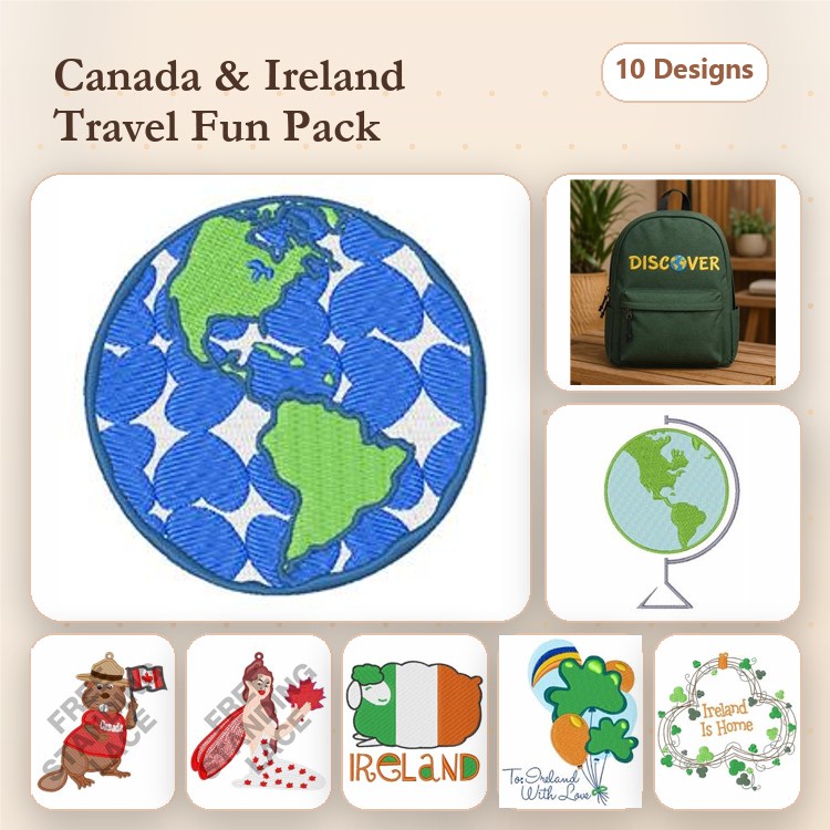 Travel Embroidery Designs Bundle – Globe with North America, Canada Maple Leaf, Ireland Flag & More (10 Designs)