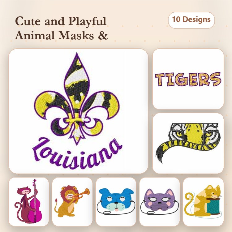 Cute Animal Embroidery Bundle – Tiger Face, Monkey Playing Cello, Cat with Glasses & More (10 Designs)