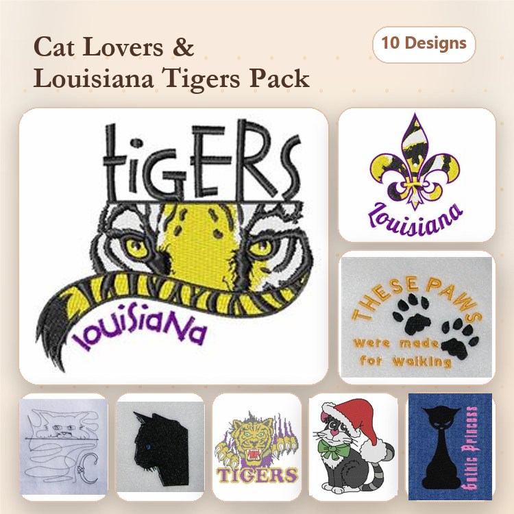 Cats & Tigers Embroidery Bundle – Tiger Head, Cat with Santa Hat, Black Cat & More (10 Designs)