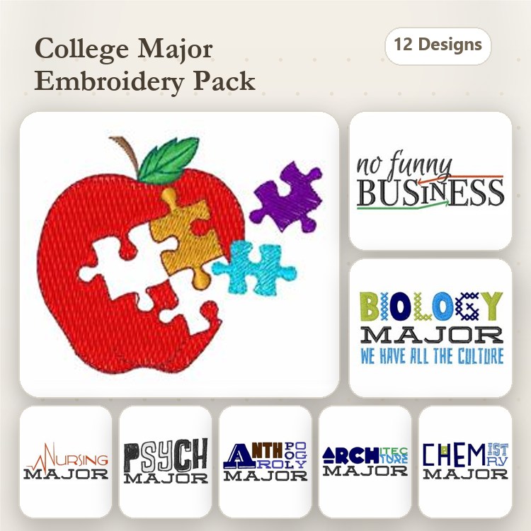 College Major Themes Embroidery Designs Bundle – Apple with Puzzle Pieces, Nursing Major, Psychology Major, & More (12 Designs)