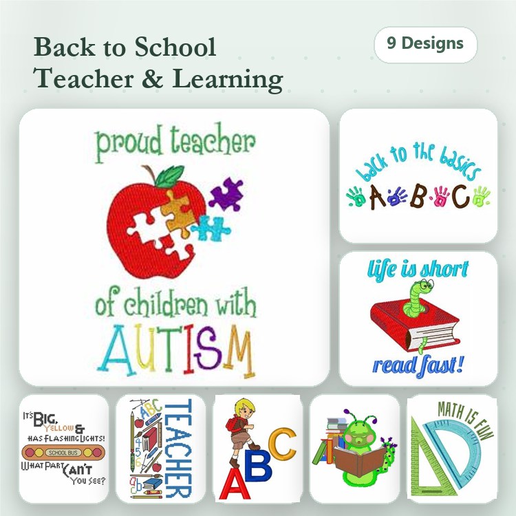 Back to School Teacher & Learning Embroidery Bundle – Proud Teacher with Puzzle Apple, Life is Short Read Fast, Teaching Kids & More (9 Designs)