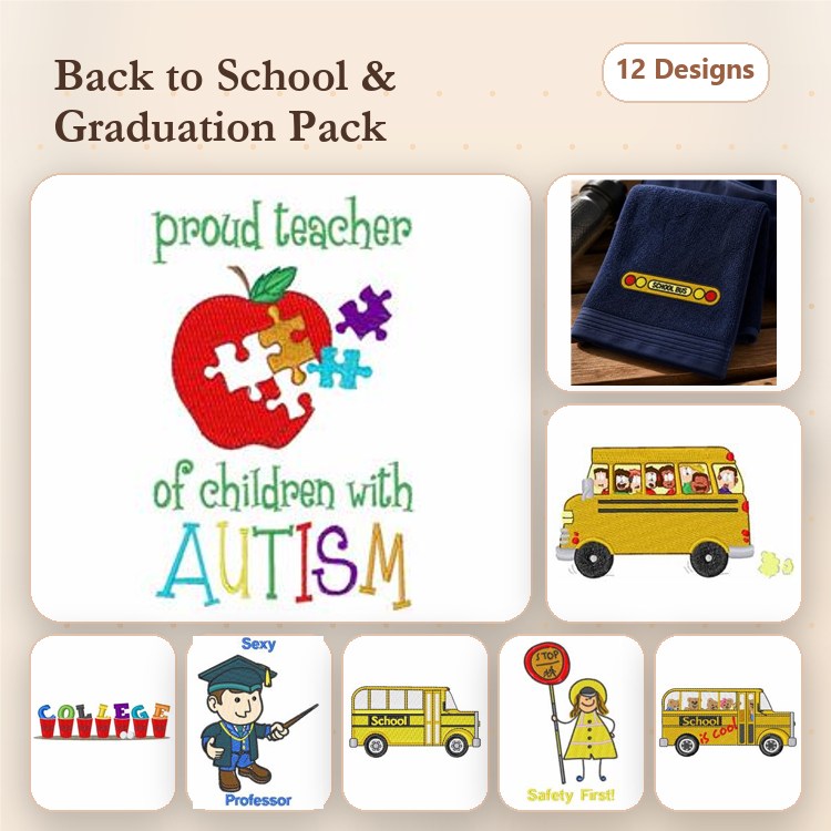 Back to School & Graduation Embroidery Designs Bundle – Proud Teacher Apple, School Bus, Graduation Cap & More (12 Designs)