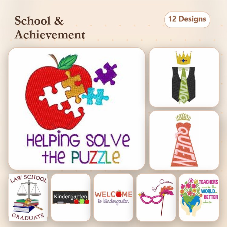 School and Achievement Embroidery Designs Bundle – Apple with Puzzle Pieces, Law School Graduate, Teacher is Making the World Better & More (12 Designs)