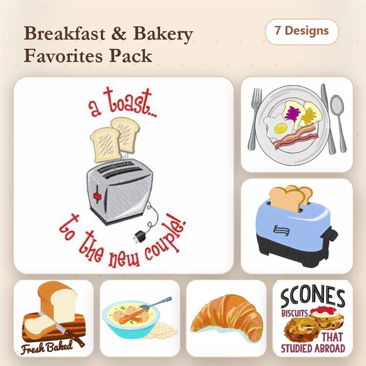 Breakfast & Bakery Embroidery Designs Bundle – Toaster with Toast, Breakfast Plate with Eggs, Fresh Baked Bread & More (7 Designs)