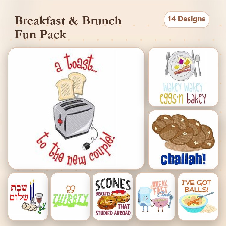 Breakfast and Brunch Embroidery Designs Bundle – Toaster with Toast, Eggs & Bacon, Challah & More (14 Designs)