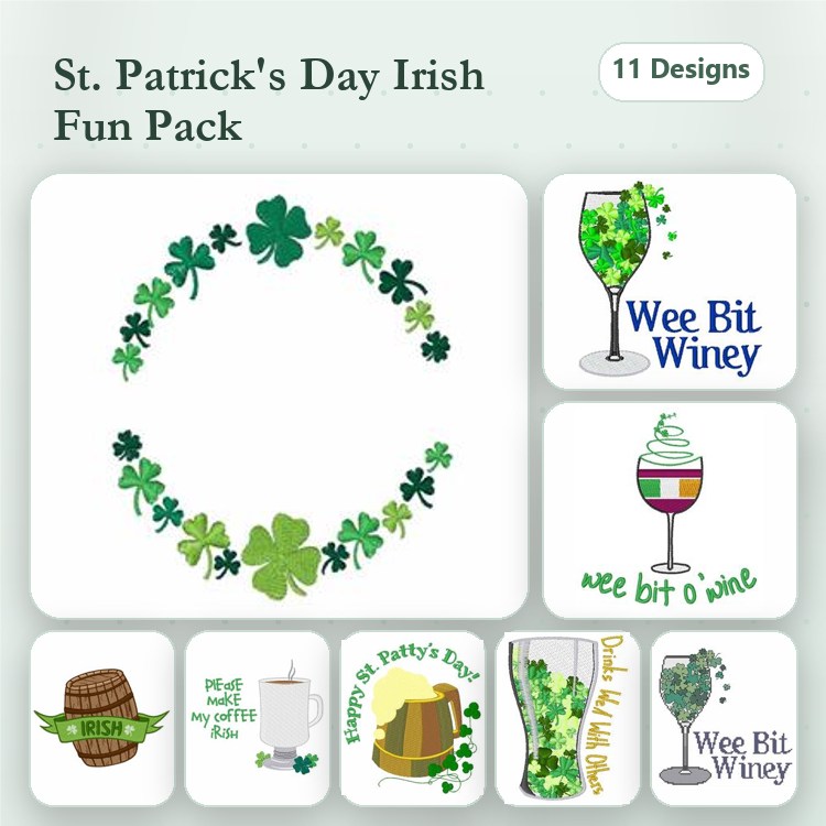 Clover & Wine Glass Embroidery Designs Bundle – Clover Wreath, Happy St. Paddy's Day, Beer Hat & More (11 Designs)
