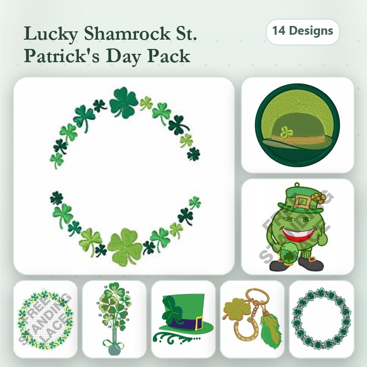 FSL St. Patrick's Day Embroidery Designs Bundle – Shamrock Wreath, Lucky Leprechaun, Green Hat & More (14 Designs)
