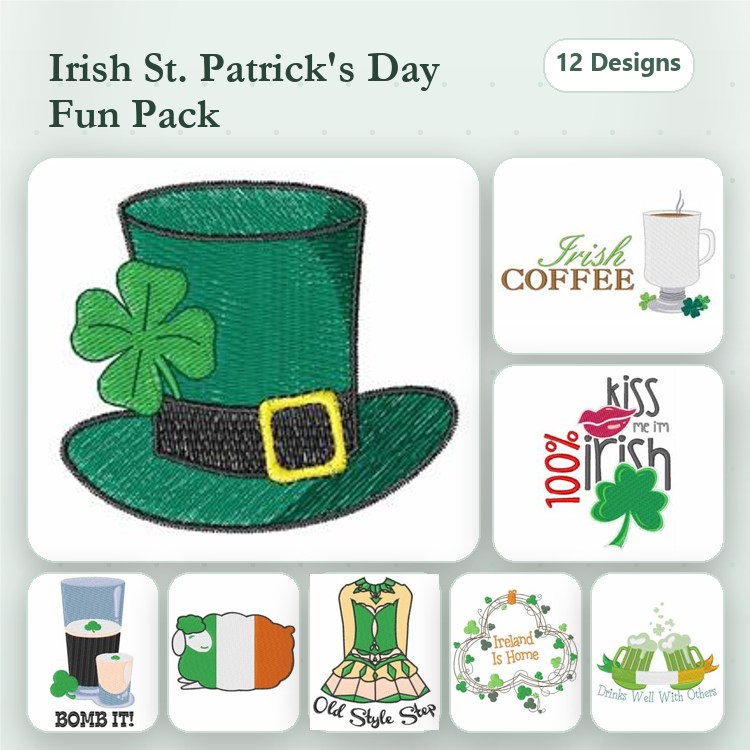 St. Patrick's Day Embroidery Designs Bundle – Green Hat with Shamrock, Irish Coffee, Kiss Me I'm Irish & More (12 Designs)