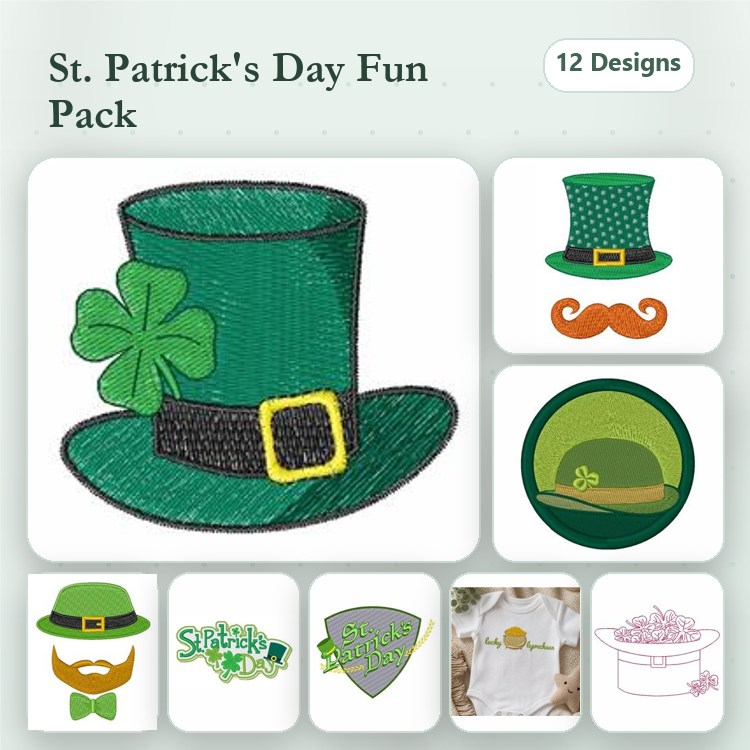 St. Patrick's Day Embroidery Designs Bundle – Shamrock Hat, Top Hat with Clover, St. Patrick's Day Mustache & More (12 Designs)
