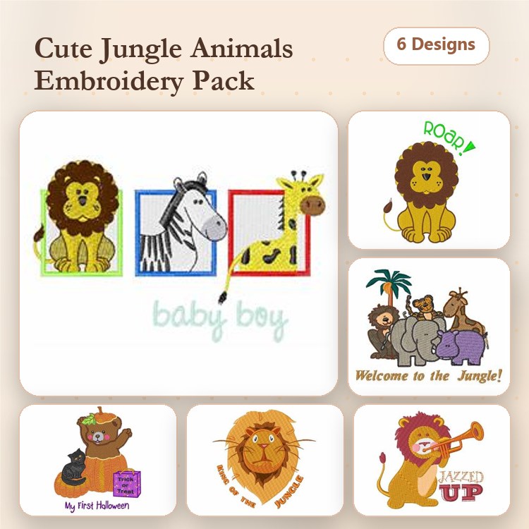Jungle Animals Embroidery Designs Bundle – Lion with Frames, Zebra with Frames, Giraffe with Frames & More (6 Designs)