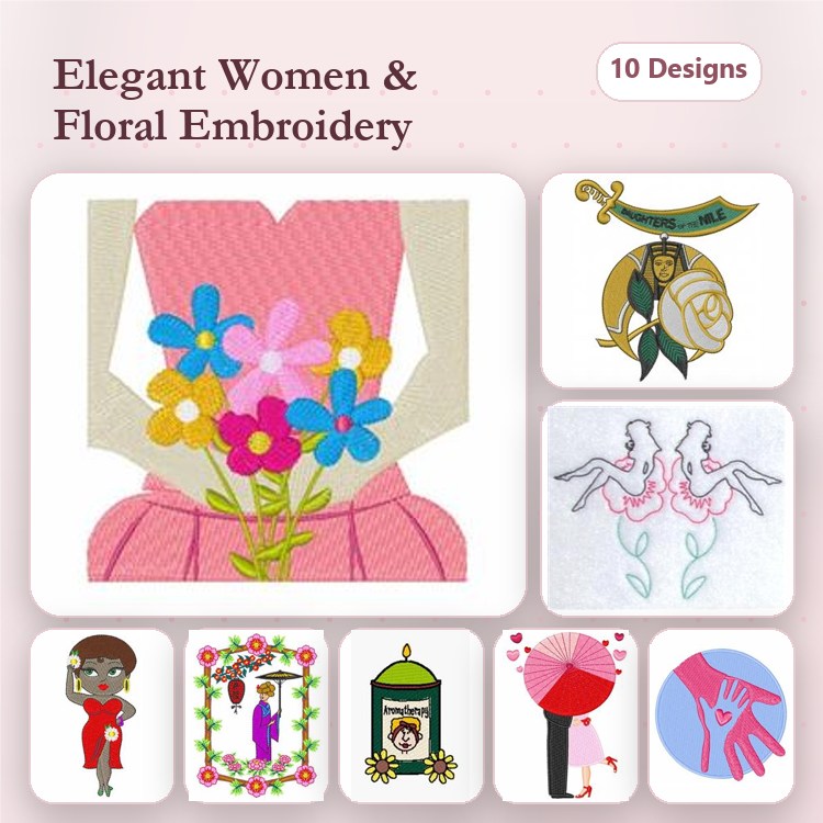 Elegant Women & Floral Embroidery Bundle – Floral Bouquet, African American Woman, Dancing Women & More (10 Designs)