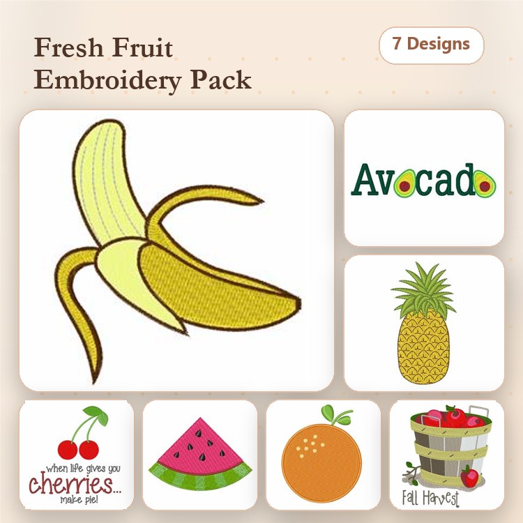 Fresh Fruits Embroidery Designs Bundle – Banana, Avocado, Pineapple, & More (7 Designs)