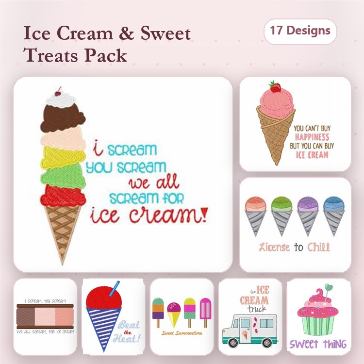 Ice Cream & Sweet Treats Embroidery Designs Bundle – Ice Cream Cone, Sundae, Truck & More (17 Designs)
