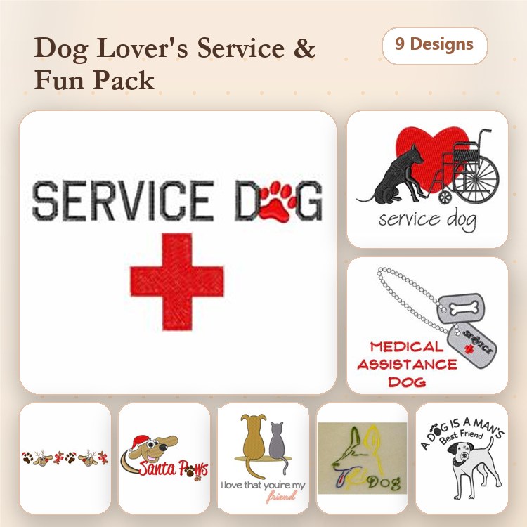 Service Dog & Santa Paws Embroidery Bundle – Pet Themed Designs (9 Designs)