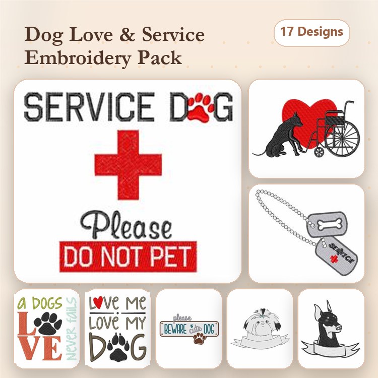 Service Dog & Love Dog Embroidery Bundle – Dog Themed Designs (17 Designs)
