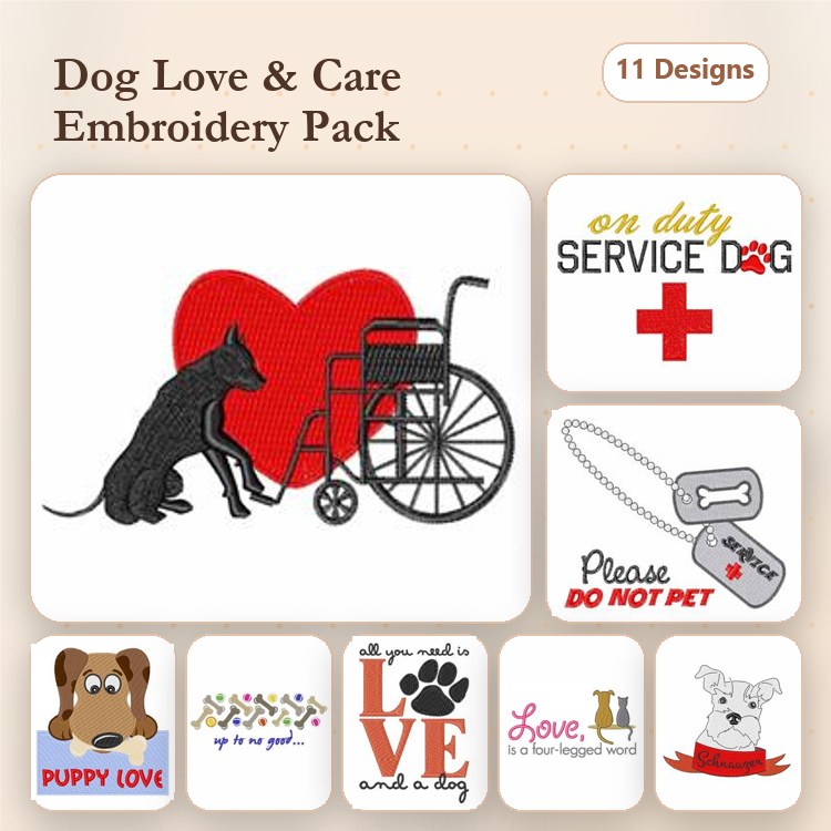 Dog Love & Service Design Embroidery Bundle – Heart & Paw Prints (11 Designs)