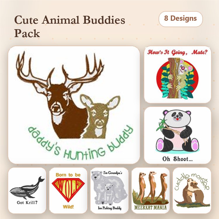 Cute Animal Embroidery Designs Bundle – Daddy's Hunting Buddy, Born to Be Wild, Meerkat Mania & More (8 Designs)