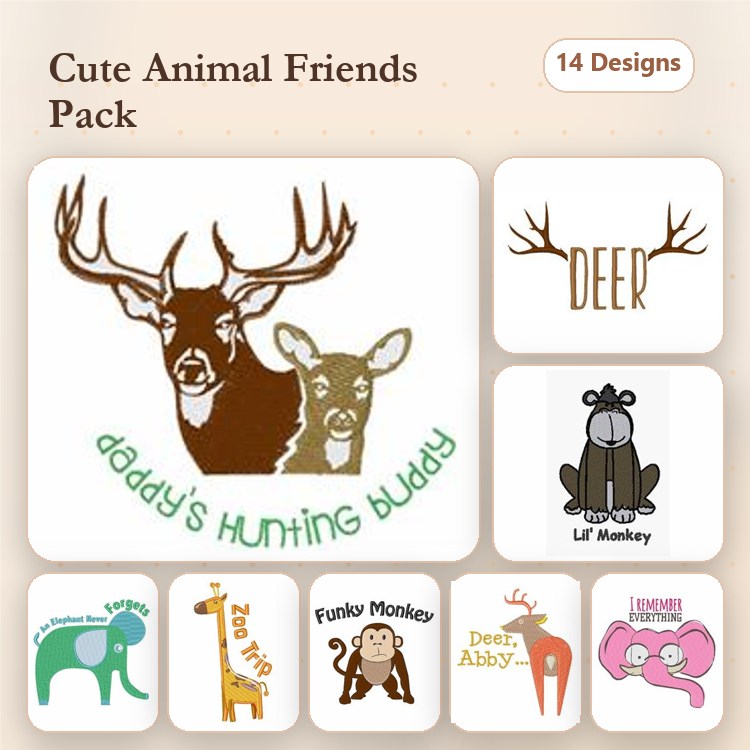 Cute Animal Friends Embroidery Designs Bundle – Deer with Fawn, Lil Monkey, Funky Monkey & More (14 Designs)