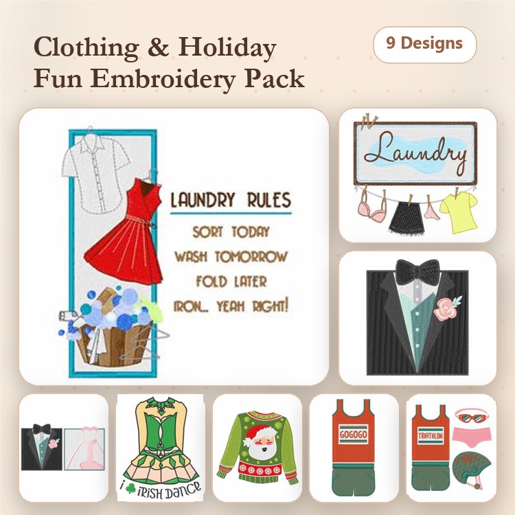 Laundry & Holiday Themes Embroidery Designs Bundle – Laundry Rules, Red Dress, Santa with Laundry Basket & More (9 Designs)