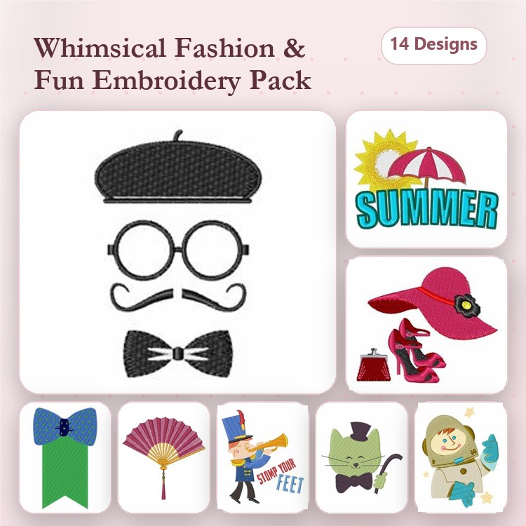 Whimsical Fashion Accessories Embroidery Bundle – Bowtie, Sunglasses, Top Hat & More (14 Designs)