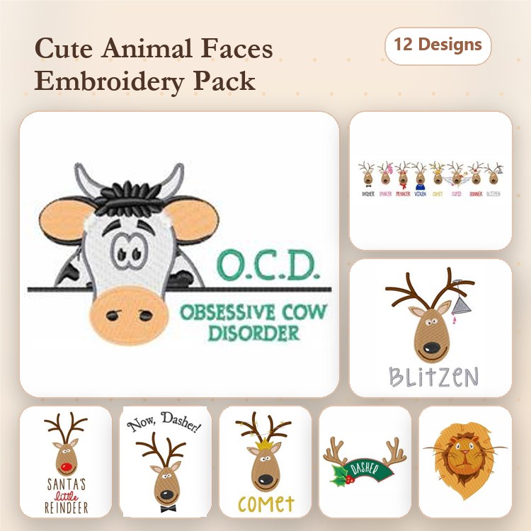 Cute Animal Faces Embroidery Bundle – Obsessive Cow Disorder, Santas Reindeer, Lion Face & More (12 Designs)
