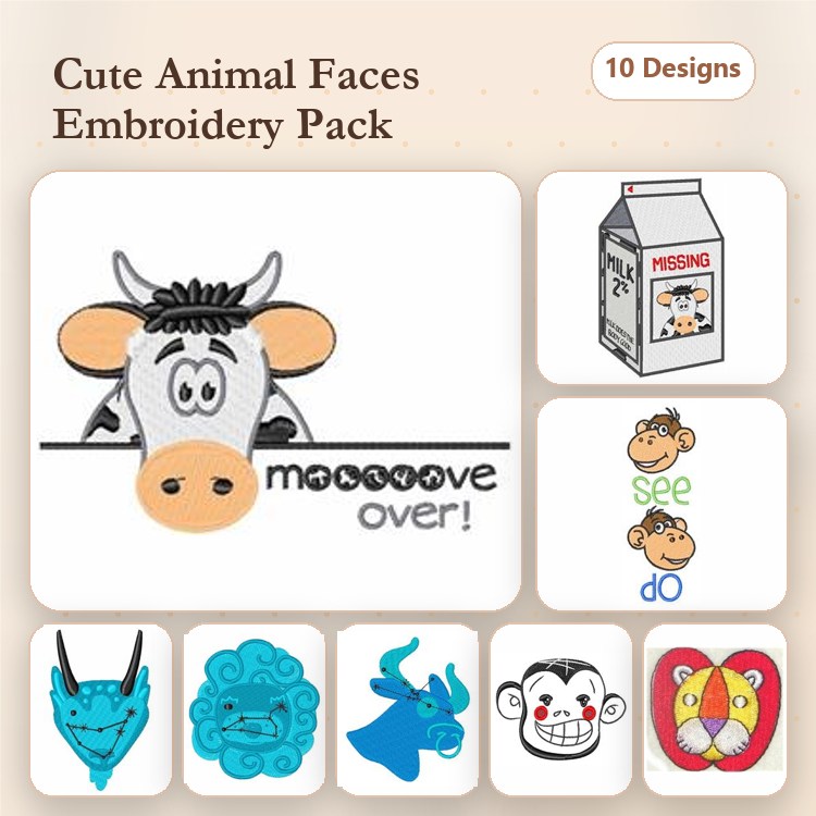 Farm Animal Embroidery Designs Bundle – Cow Face, Monkey Face, Bull Face, Milk Carton & More (10 Designs)