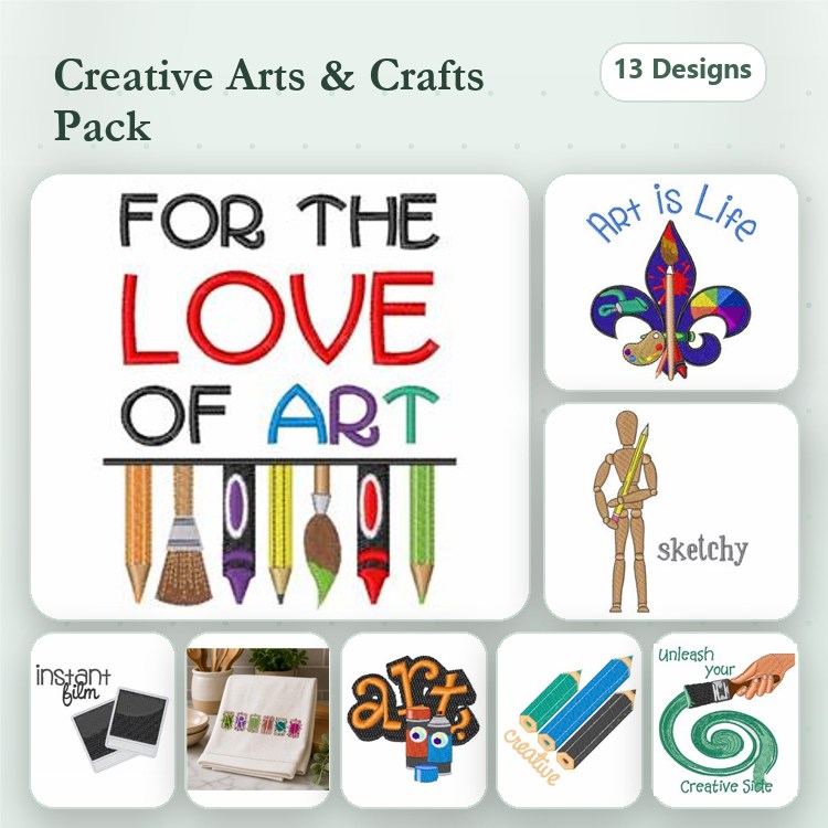 Art and Creativity Embroidery Designs Bundle – For the Love of Art, Colorful Paintbrushes, Artistic Palette & More (13 Designs)