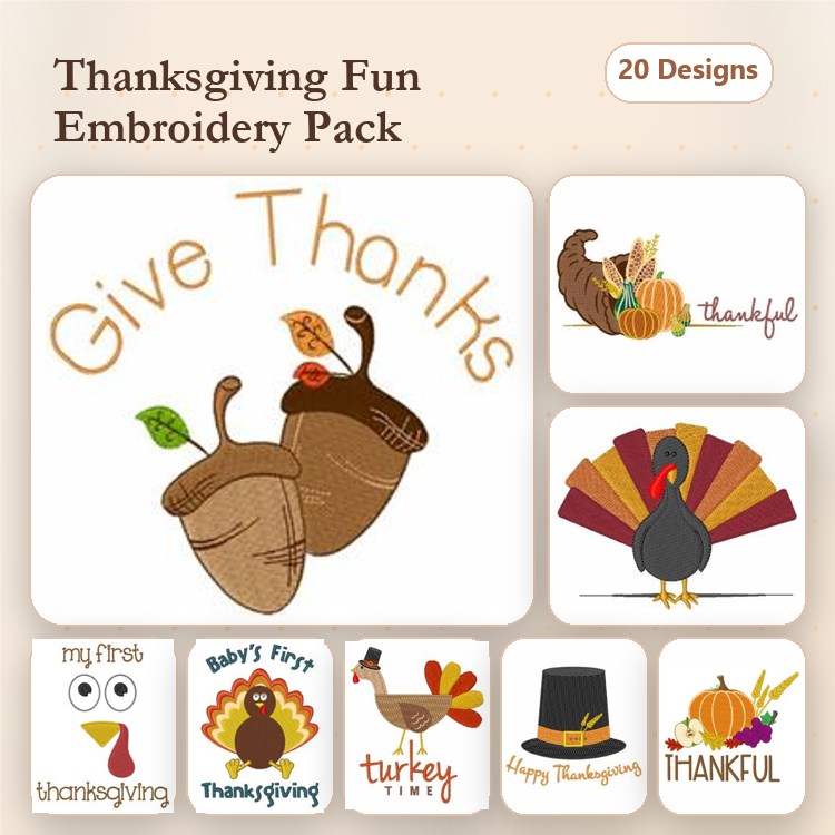 Thanksgiving Embroidery Designs Bundle – Thankful Turkey, Give Thanks Acorn, Happy Thanksgiving & More (20 Designs)