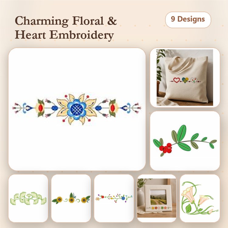 Floral and Heart Embroidery Designs Bundle – Floral Border, Blue Flower with Leaves, Red Flowers & More (9 Designs)