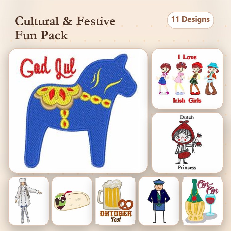 Cultural & Festive Embroidery Designs Bundle – Dala Horse, Oktoberfest, Santa & More (11 Designs)