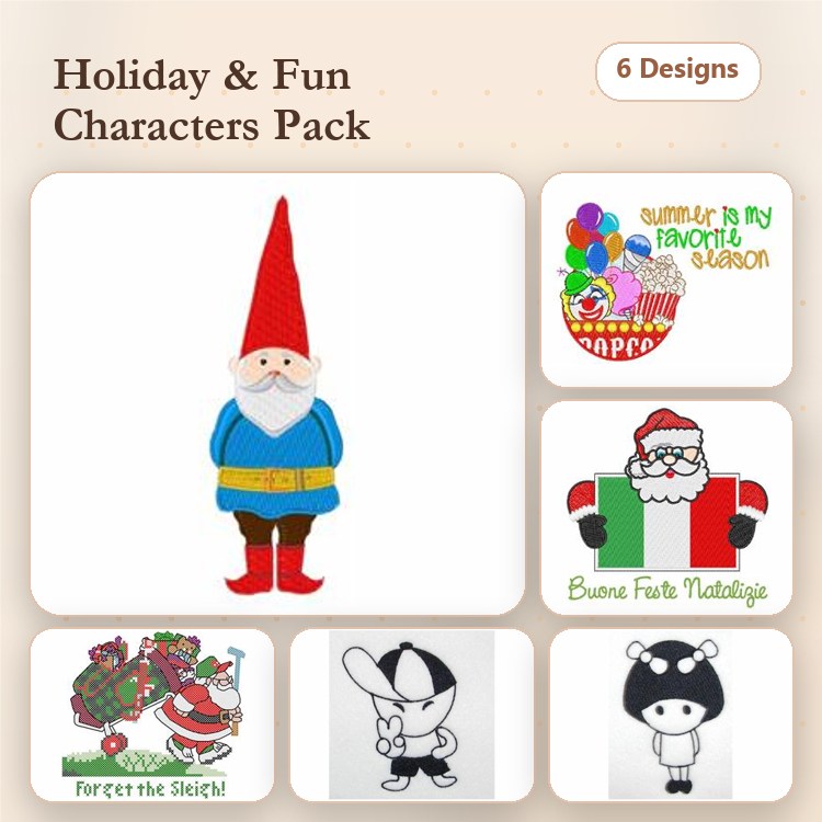 Holiday Characters Embroidery Designs Bundle – Gnome with Red Hat, Santa Claus, Holiday Penguin & More (6 Designs)