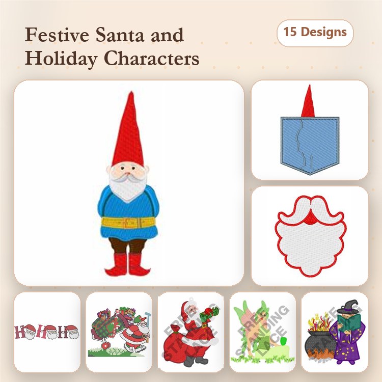 Festive Santa & Holiday Characters Embroidery Designs Bundle – Santa Gnome, Christmas Tree, Reindeer & More (15 Designs)