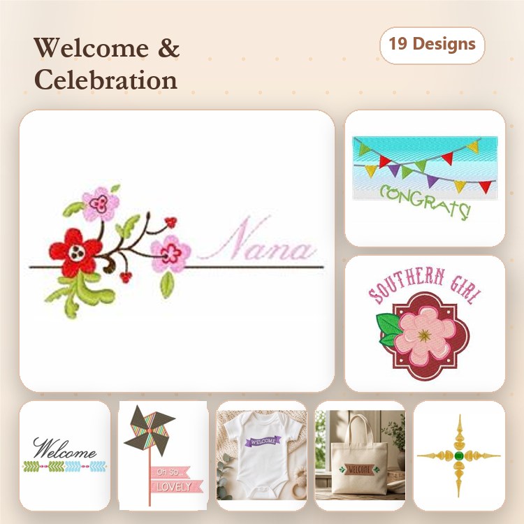 Welcoming Celebration Embroidery Designs Bundle – Welcome Banner, Congratulations Banner, Flower with Name & More (19 Designs)