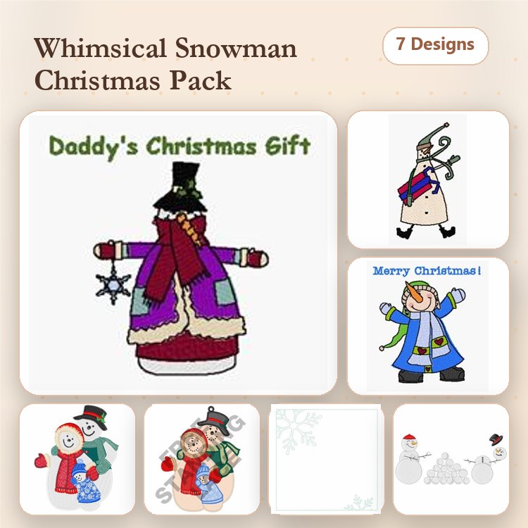 Snowman Christmas Embroidery Bundle – Whimsical Snowman with Scarf, Snowman with Present & More (7 Designs)