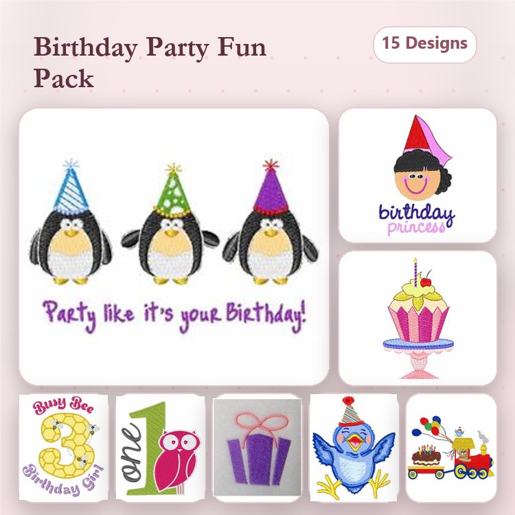 Birthday Party Themes Embroidery Designs Bundle – Penguin Wearing Party Hat, Birthday Princess, Cupcake & More (15 Designs)