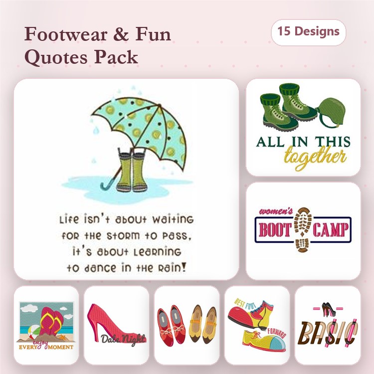 Footwear & Quotes Embroidery Designs Bundle – Rain Boots, High Heels, Flip Flops & More (15 Designs)