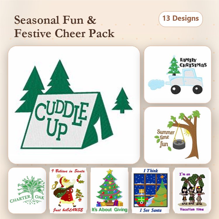 Seasonal and Festive Embroidery Designs Bundle – Camping, Christmas Truck, Holiday Gnome & More (13 Designs)