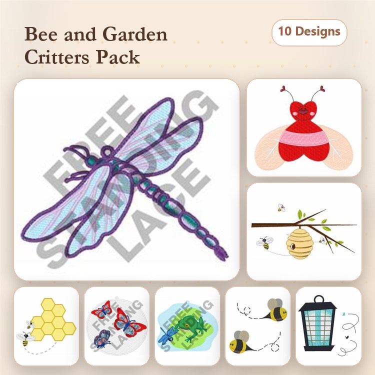 FSL Bee & Garden Embroidery Designs Bundle – Dragonfly Ornament, Ladybug Ornament, Honeycomb Design & More (10 Designs)