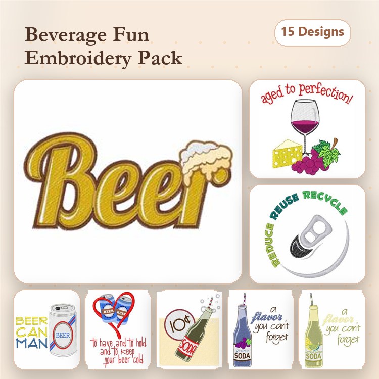 Beverage-themed Embroidery Designs Bundle – Cheers, Drink Responsibly, Aged to Perfection & More (15 Designs)