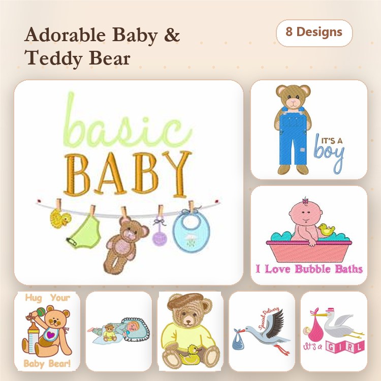 Teddy Bear Baby Embroidery Designs Bundle – It's A Boy Teddy Bear, Hug Your Baby Bear, Stork with Baby & More (8 Designs)