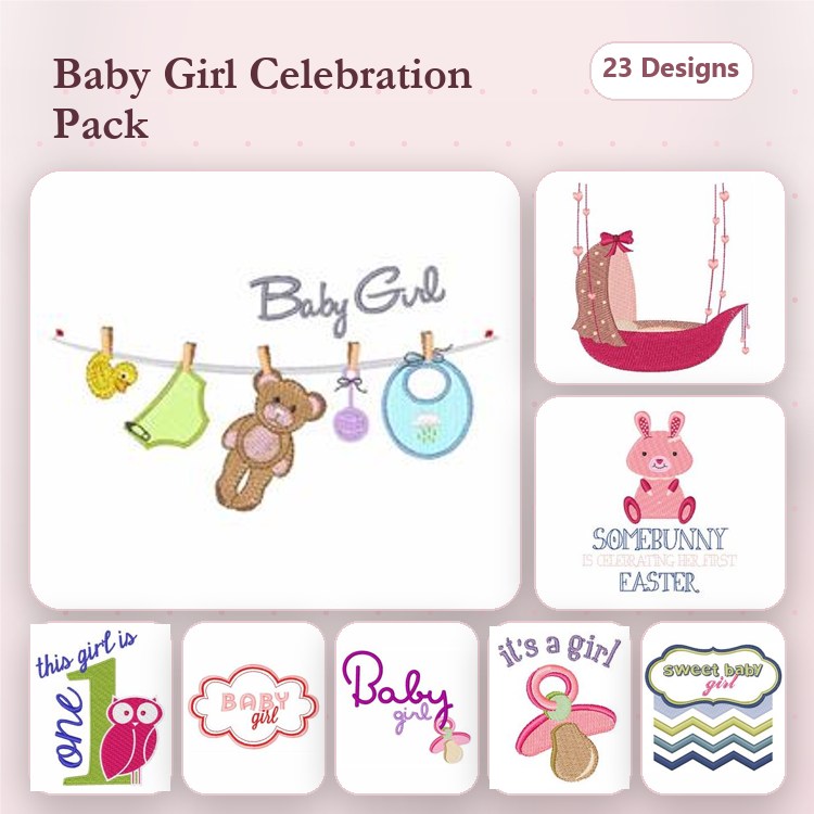 Baby Girl Celebration Embroidery Designs Bundle – Teddy Bear, Baby Clothes, Bunny & More (23 Designs)