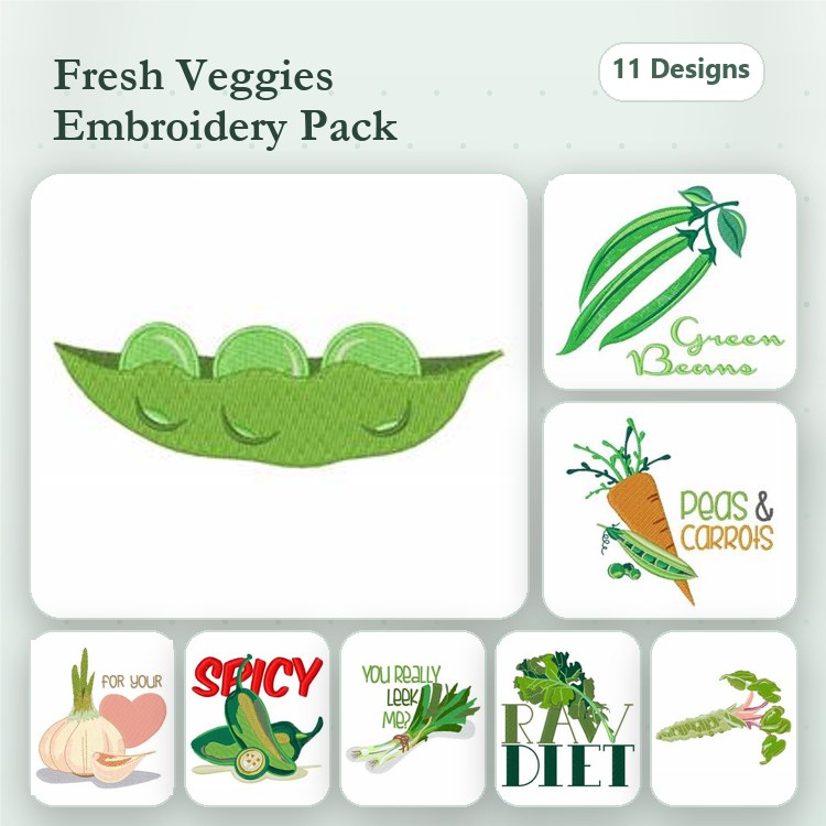 Fresh Vegetables Embroidery Designs Bundle – Green Beans, Peas in Pod, Carrots & More (11 Designs)